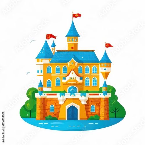 Wallpaper Mural A colorful, whimsical castle with blue roofs and flags, surrounded by trees and water. Torontodigital.ca