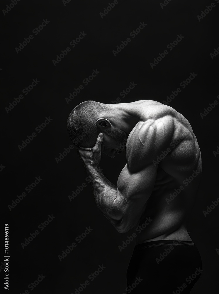 A powerful black and white portrait depicting a muscular man in deep contemplation, showcasing the intersection of physical strength and emotional vulnerability against a dark backdrop.