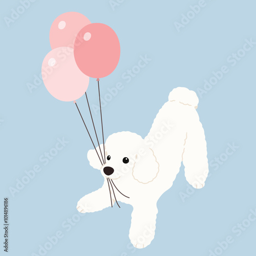 Simple and cute playful white Poodle holding balloons flat colored