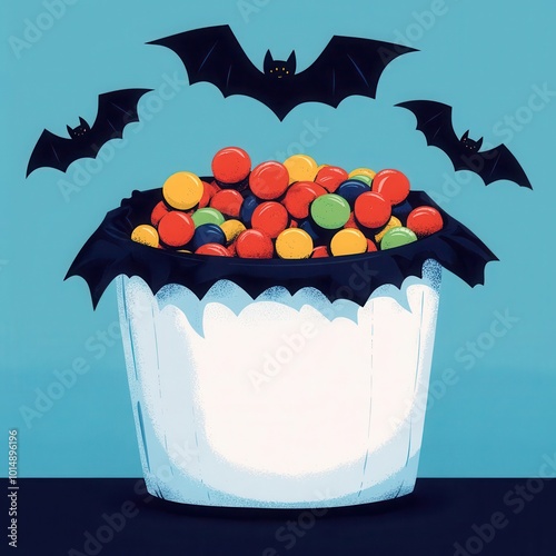 A festive Halloween-themed bucket filled with colorful candy and topped with playful bats, set against a vibrant blue background. photo