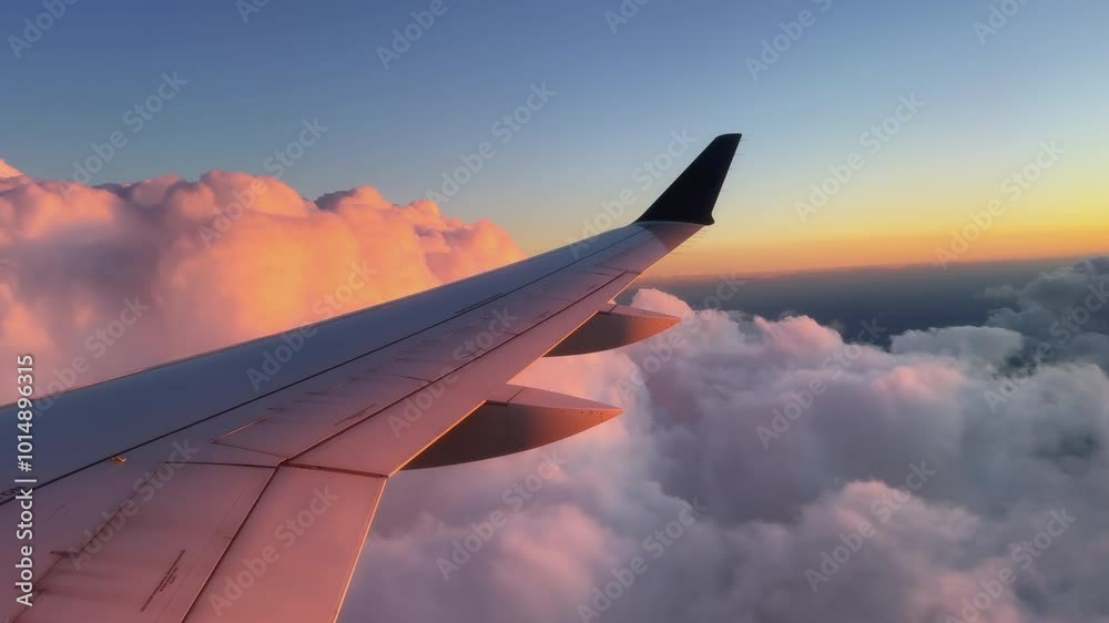 Une aile d'avion en vol avec un coucher de soleil.