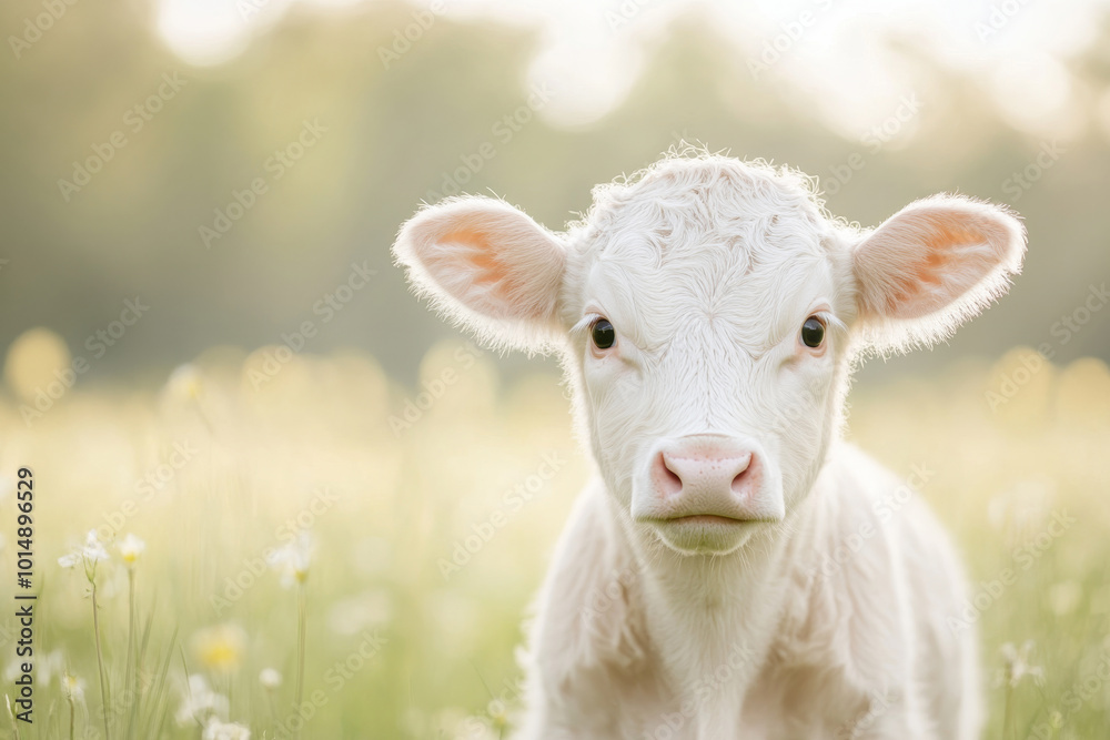 A close-up of an adorable young calf standing in a field with soft focus on its face. A close-up of an adorable young calf standing in a field with soft focus on its face.
