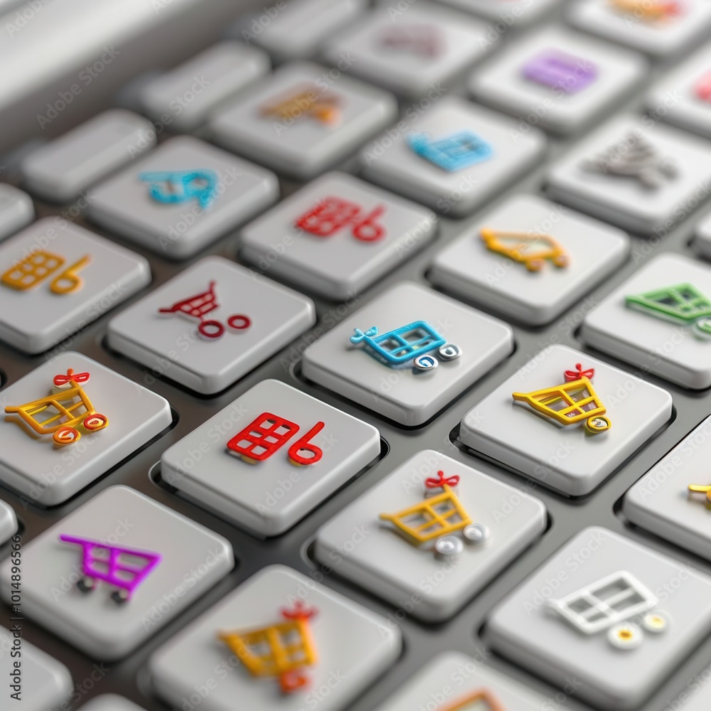 A laptop keyboard featuring shopping cart and cashier icons, symbolizing ecommerce, focus on icons with clear screen background, eyelevel perspective, modern and bright setting A laptop keyboard featuring shopping cart and cashier icons, symbolizing ecommerce, focus on icons with clear screen background, eyelevel perspective, modern and bright setting
