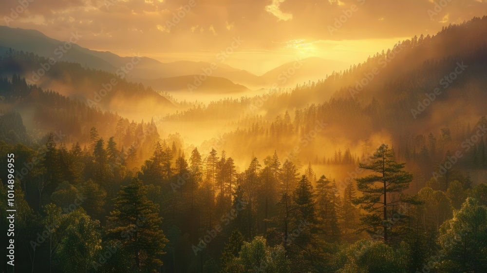 Fototapeta premium Misty mountains at sunrise, invigorating morning light, forest foreground, golden glow, serene and enchanting