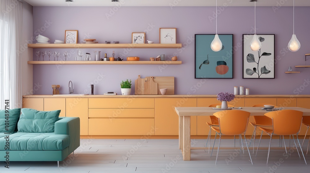 Obraz premium Minimalist dwelling with ochre kitchen cabinets, wooden art shelves, lavender walls, opal pendant lights, teal sofa, and pale orange dining chairs