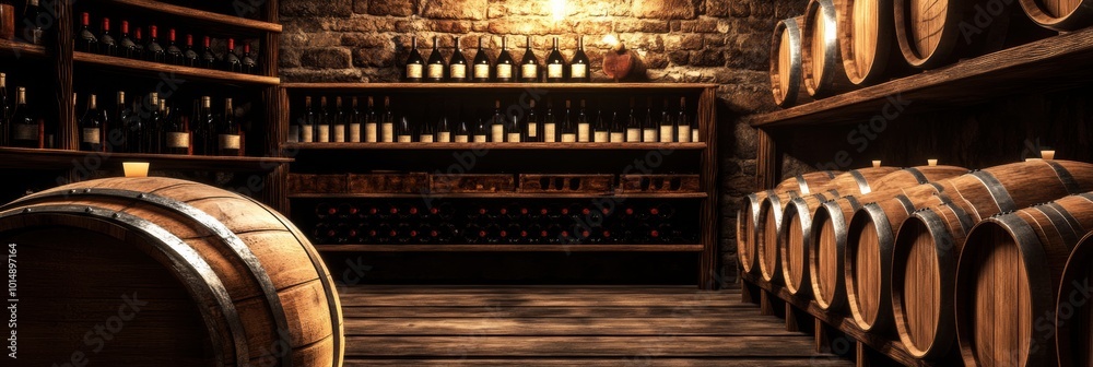A rustic wine cellar featuring wooden barrels and shelves filled with fine wine bottles for enthusiasts to explore. Generative AI A rustic wine cellar featuring wooden barrels and shelves filled with fine wine bottles for enthusiasts to explore. Generative AI