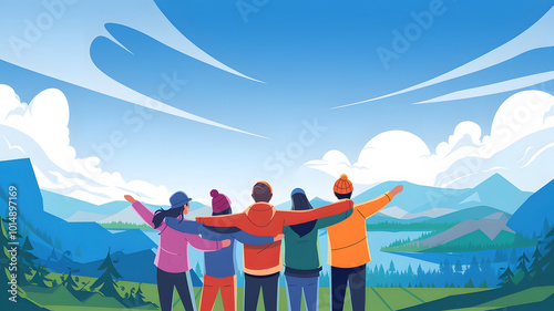 Illustration of five friends with arms around each other, enjoying a scenic mountain view.