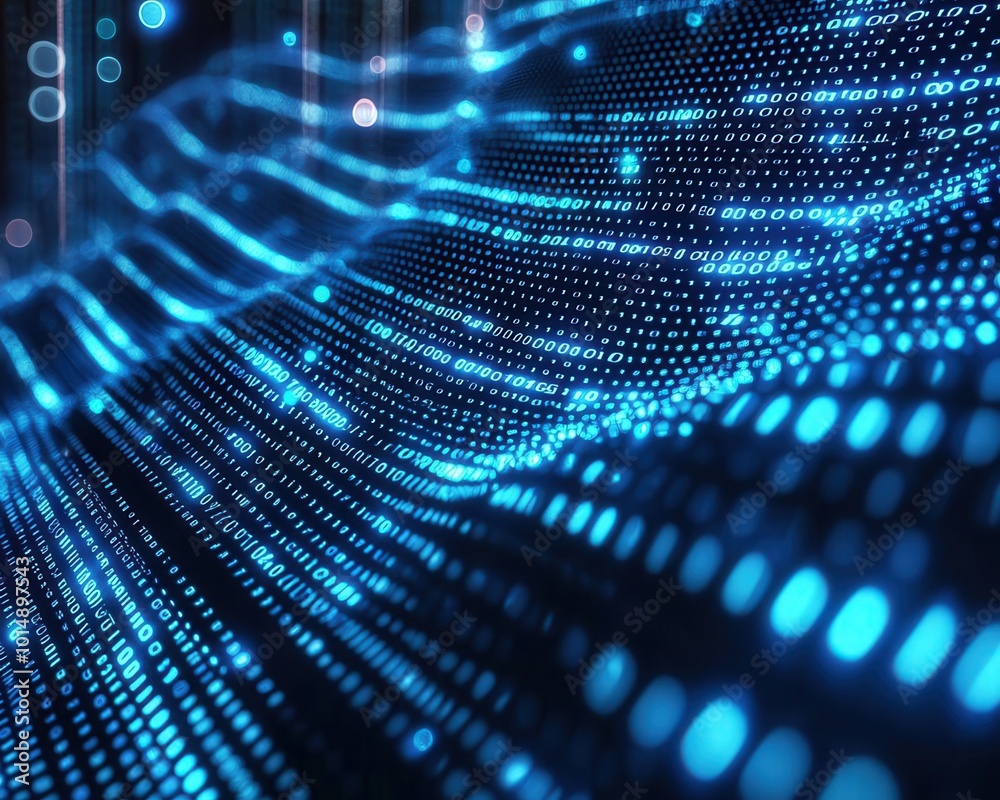 A close-up of a computer screen displaying flowing blue binary code