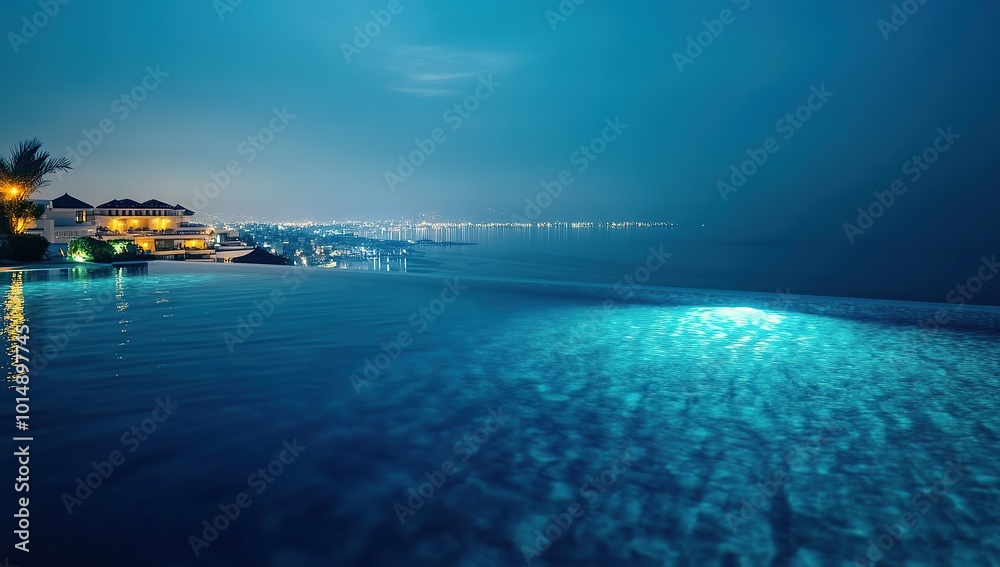 A realistic photograph of an infinity pool overlooking the sea at night A realistic photograph of an infinity pool overlooking the sea at night