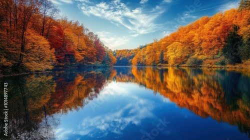 Tranquil lake surrounded by autumn foliage, the reflection of colorful trees in the water, nature's beauty