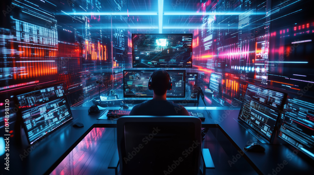 A Gamer Playing a High-Tech Holographic Multiplayer Game in a Vibrant Neon Arena, Highlighting Digital Interaction and Competitive Spirit A Gamer Playing a High-Tech Holographic Multiplayer Game in a Vibrant Neon Arena, Highlighting Digital Interaction and Competitive Spirit