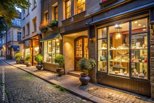 A cobblestone street with a row of shops, including a jewelry store