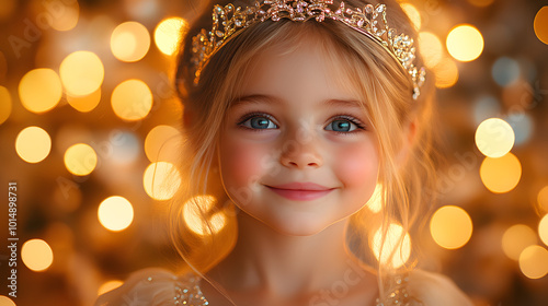 A young girl dressed in a beautiful princess dress and a sparkling crown beams with joy in this enchanting portrait, capturing the essence of childhood dreams and imagination. Her bright smile radiate