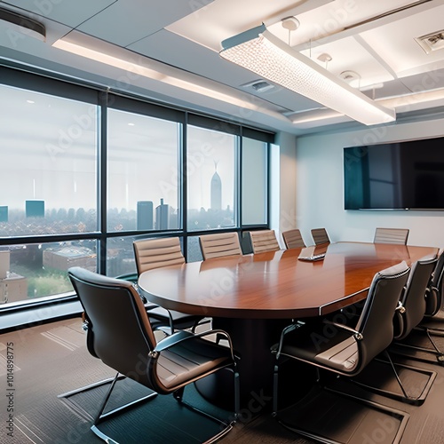 modern office interior with round table and television on the wall photo