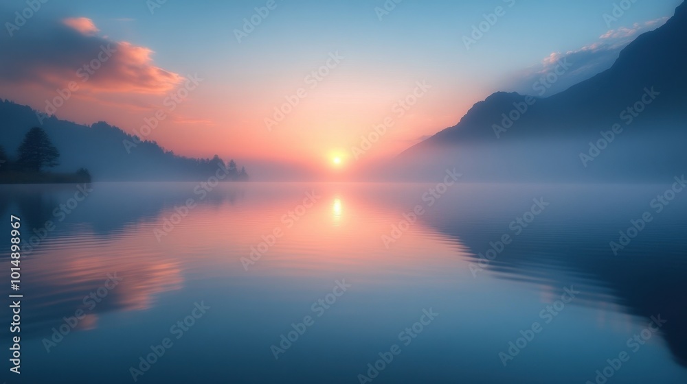 Serene lake at dawn with mist rising from the water, viewed from a distance, capturing the calmness and soft pastel colors of morning Serene lake at dawn with mist rising from the water, viewed from a distance, capturing the calmness and soft pastel colors of morning