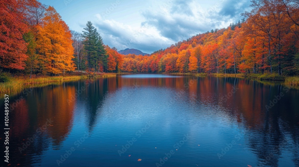 Serene lake surrounded by autumn foliage, viewed from a low angle, with reflections of the colorful trees in the water, capturing the essence of a tranquil fall day Serene lake surrounded by autumn foliage, viewed from a low angle, with reflections of the colorful trees in the water, capturing the essence of a tranquil fall day