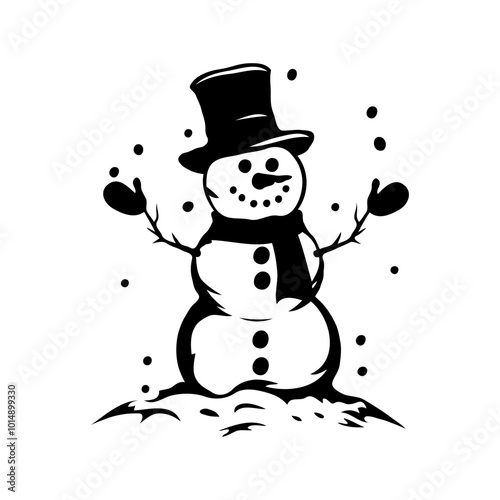 Silhouette Christmas snowman with a scarf and hat on white background. Vector illustration