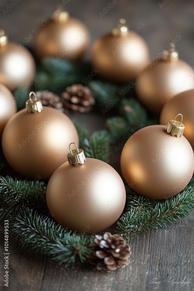Gold Christmas Ornaments on Wood Gold Christmas Ornaments on Wood