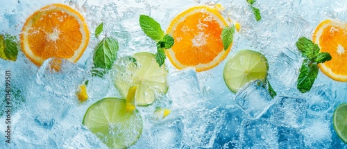 water with ice cubes and citrus fruits floating