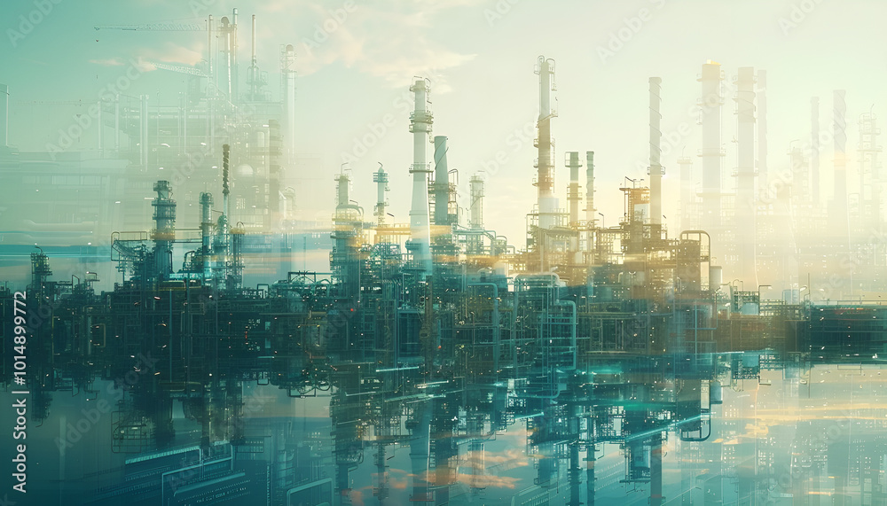 Fototapeta premium In creative graphic design, future factory plant and energy industry concept. Refineries for oil, gas, and petrochemicals with double exposure showing future power and energy industry