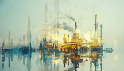 In creative graphic design, future factory plant and energy industry concept. Refineries for oil, gas, and petrochemicals with double exposure showing future power and energy industry