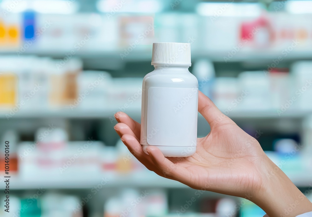 A close-up of a hand holding an empty white medicine bottle, with shelves in the blurred background displaying various medical supplies A close-up of a hand holding an empty white medicine bottle, with shelves in the blurred background displaying various medical supplies