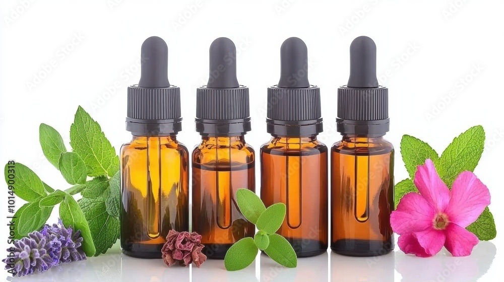 Essential Oil Bottles with Fresh Herbs and Flowers Essential Oil Bottles with Fresh Herbs and Flowers