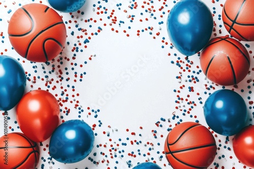 Basketball Celebration Frame with Balloons and Confetti