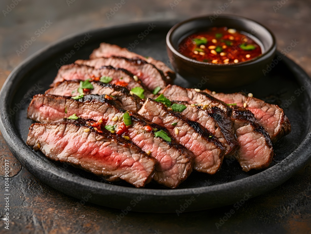 Grilled beef slices served on a hot plate with spicy dipping sauce, grilled beef, classic appetizer Grilled beef slices served on a hot plate with spicy dipping sauce, grilled beef, classic appetizer