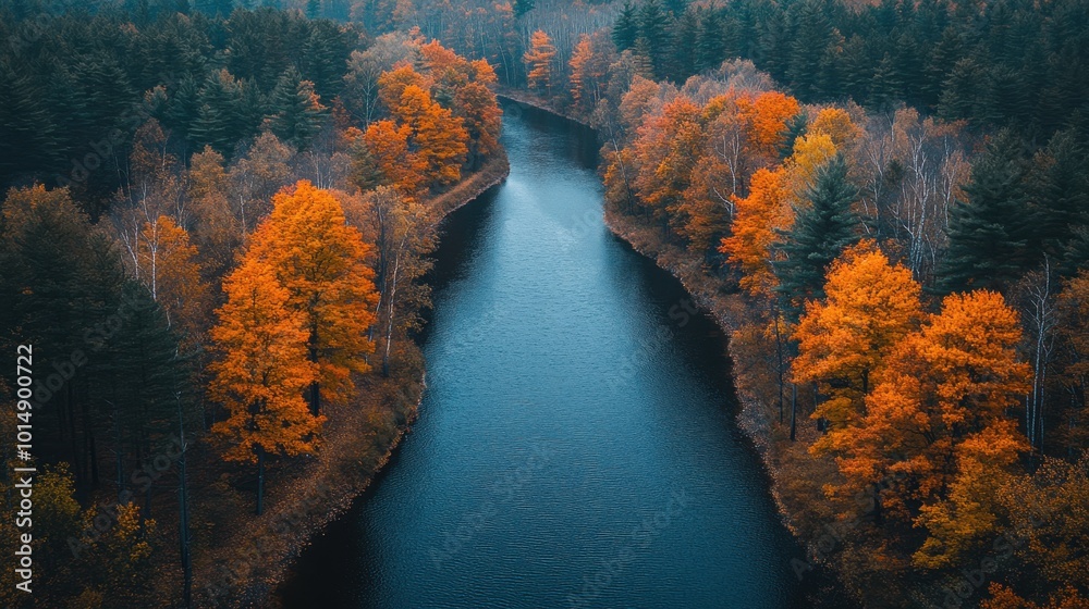 Scenic view of a winding river during fall, captured from an elevated angle, highlighting the beauty of the colors Scenic view of a winding river during fall, captured from an elevated angle, highlighting the beauty of the colors
