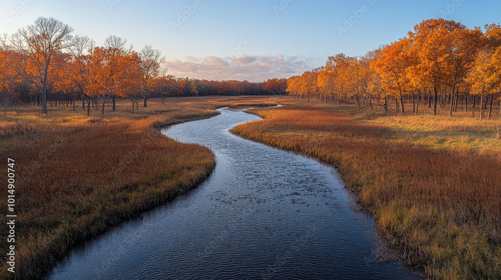 Scenic view of a winding river during fall, captured from an elevated angle, highlighting the beauty of the colors Scenic view of a winding river during fall, captured from an elevated angle, highlighting the beauty of the colors