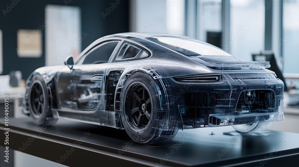 Transparent model of a modern sports car showcasing advanced automotive design and technology in a sleek environment. Transparent model of a modern sports car showcasing advanced automotive design and technology in a sleek environment.