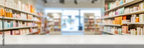 Wallpaper Mural A large, empty tabletop in the center of an all-white, brightly lit pharmacy with shelves full of beauty products in shades of pastel colors. Torontodigital.ca