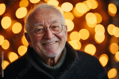 Senior man smiling with golden bokeh background