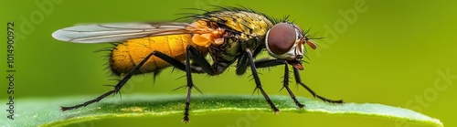 Close-up of a yellow and black fly perched on a green leaf. photo