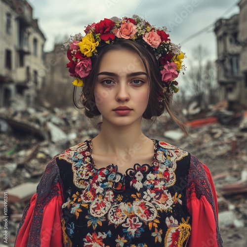 Young woman wearing traditional clothing and flower crown posing in war zone