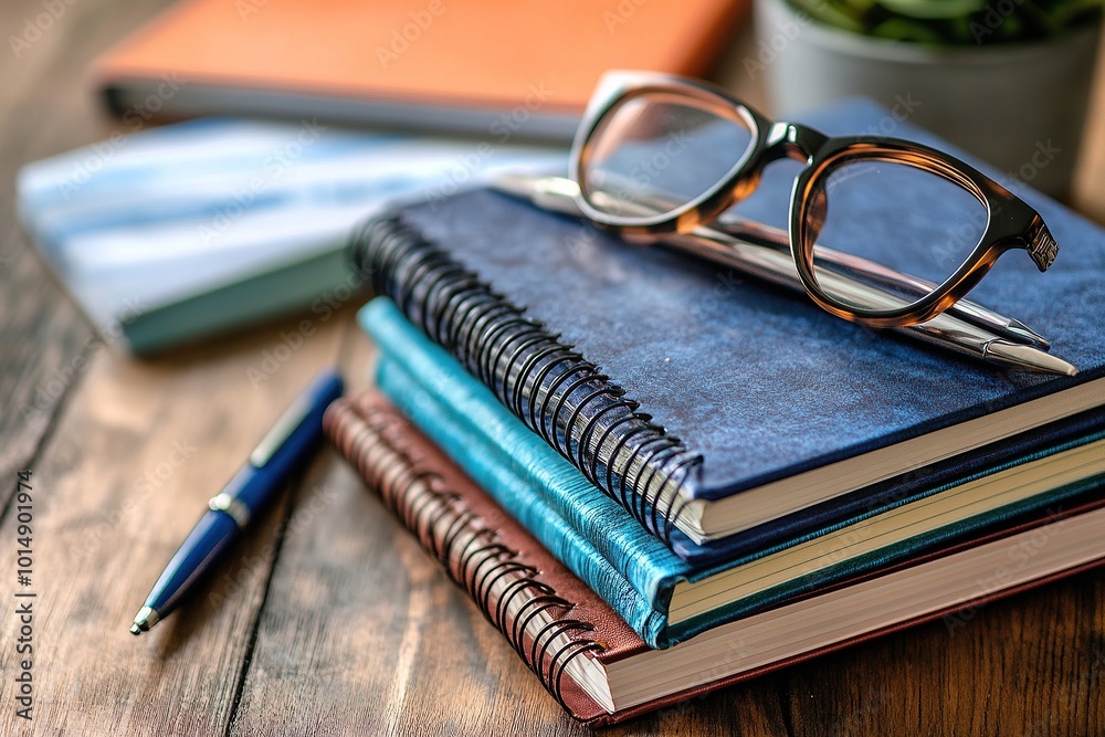 A stack of spiral-bound notebooks with a pen and glasses on a wooden table A stack of spiral-bound notebooks with a pen and glasses on a wooden table