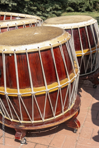 Traditional Korean floor drums. Close-up photo