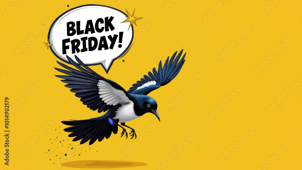 Fototapeta premium Black animals calling for Black Friday sale. Flying magpie isolated on yellow background. Marketing, promoting deals, boosting sales concept.