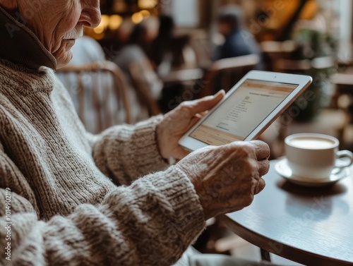 Elderly Man Using Tablet in Bright Cafe Setting