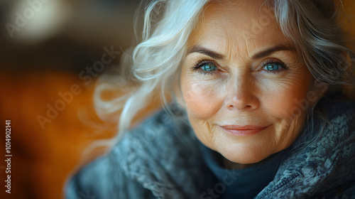 A close-up portrait of an elderly woman in athletic wear, radiating vitality and confidence. Her smile and sparkling eyes reflect a joyful spirit and an active lifestyle, defying age stereotypes. The 