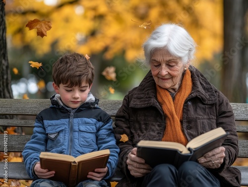 Elderly Woman and Young Boy Reading Together Outdoors