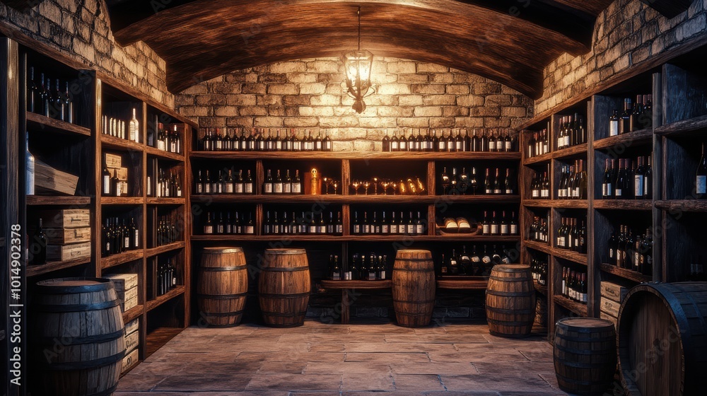 A rustic wine cellar showcasing wooden barrels and neatly arranged shelves filled with a variety of wine bottles. Generative AI A rustic wine cellar showcasing wooden barrels and neatly arranged shelves filled with a variety of wine bottles. Generative AI