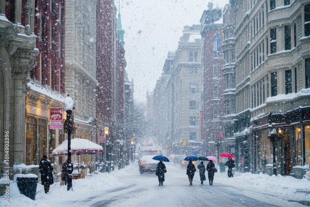 Fototapeta premium Snowy Urban Street Scene with People and Umbrellas