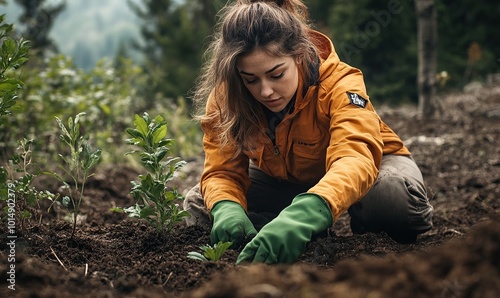A woman planting trees in the mountains, wearing an orange jacket and green gloves