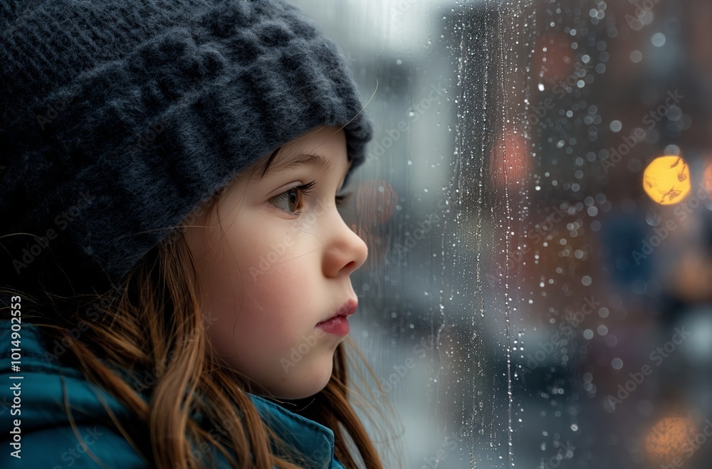 Little girl watching rain through window Little girl watching rain through window
