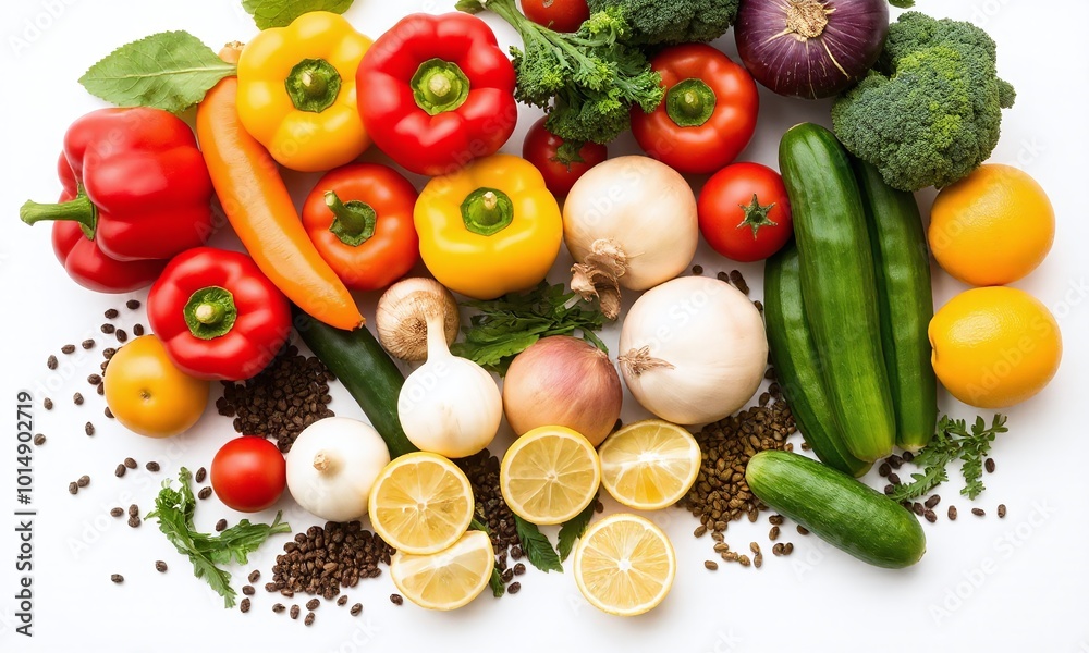 Vibrant fresh vegetables and spices, Colorful produce arrangement, White background Vibrant fresh vegetables and spices, Colorful produce arrangement, White background