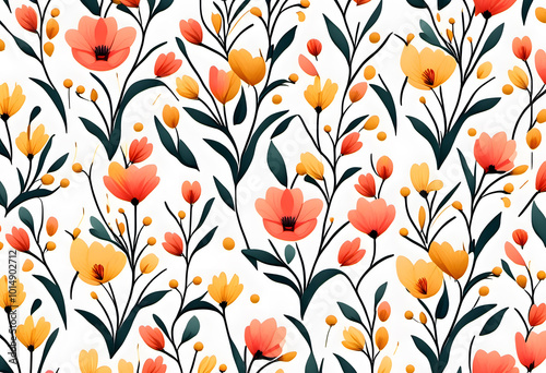 Seamless floral pattern with bright spring flowers on a white background.