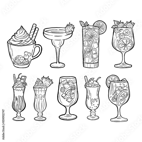 Set of black line doodle Sweet Drink on white background. Vector illustration.