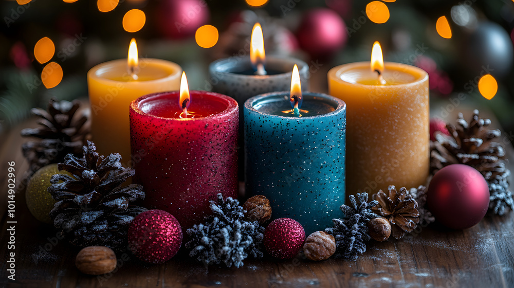 Holiday candles on a rustic wooden table Holiday candles on a rustic wooden table